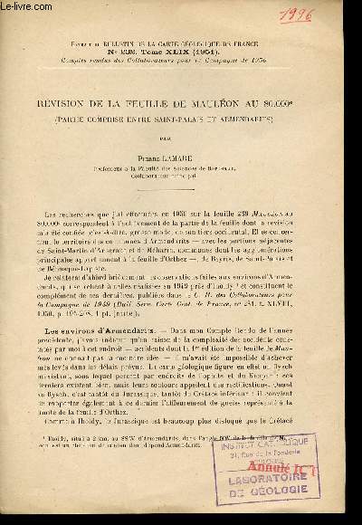 Rvision de la feuille de Maulon au 80.000e (partie comprise entre Saint-Palais et Armendarits) - Extrait du bulletin de la carte gologique de France n232 Tome XLIX 1951.