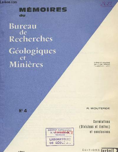 Mmoires du Bureau de Recherches Gologiques et Minires n4 1961 - Corrlations (divisions et limite) et conclusions - Extrait du colloque sur le lias franais chambery 1960.