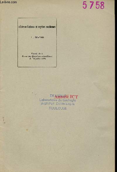 Science fiction et mythes modernes - Extrait de la revue des questions scientifiques du 20 juillet 1959 .