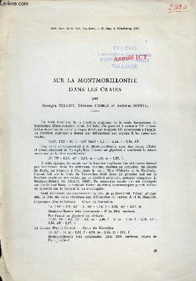 Sur la Montmorillonite dans les craies - Extrait bulletin serv.carte gol. Als.Lorr. t.10 fasc.2 1957.