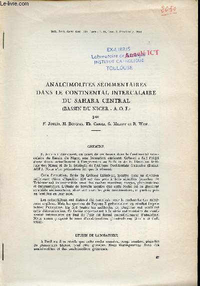 Analcimolites sdimentaires dans le continental intercalaire du Sahara Central (Bassin du Niger - AOF) - Extrait Bulletin serv.carte gol. Als.Lorr. t.11 fasc.2 1958.