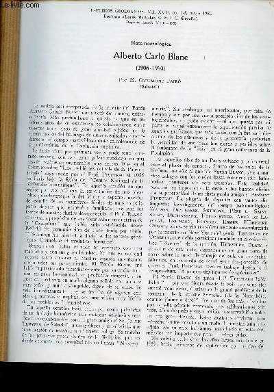Nota necrologica Alberto Carlo Blanc 1906-1960 - Tir  part Estudios Geologicos vol.XVII mayo 1961 Instituto Lucas Mallada csic espana.