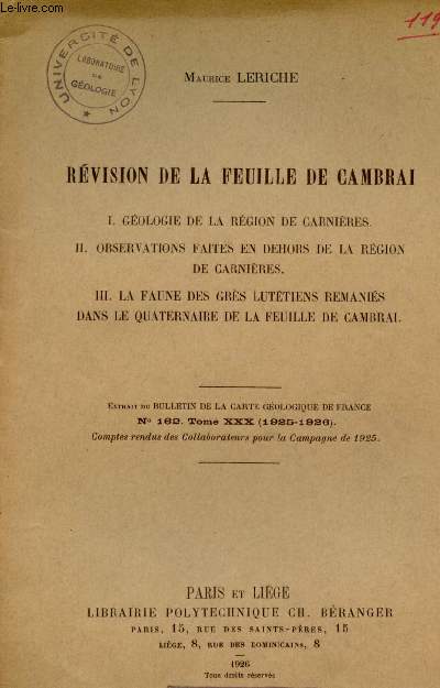 Rvision de la feuille de Cambrai - Extrait du bulletin de la carte gologique de France n162 Tome XXX 1925-1926.