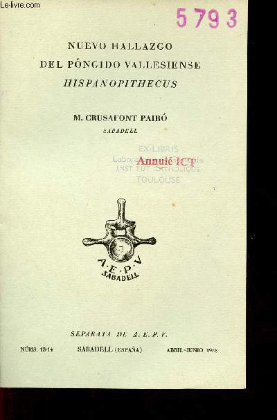 Nuevo Hallazgo del Pongido Vallesiense Hispanopithecus - Tir  part separata de AEPV nums 13-14 sabadell abril junio 1958.