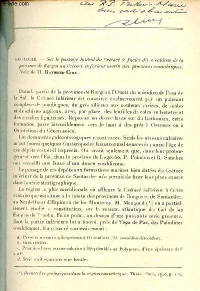 Sur le passage latral du Crtac  facis dit wealdien de la province de Burgos au Crtac infrieur marin des provinces cantabriques - Extrait des comptes rendus des sances de l'acadmie des sciences t.197 sance du 4 dc. 1933.