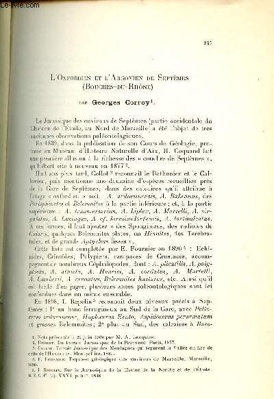 L'Oxfordien et l'Argovien de Septmes (Bouches du Rhne) - Extrait du bulletin de la socit gologique de France 5e srie t.vi anne 1936.