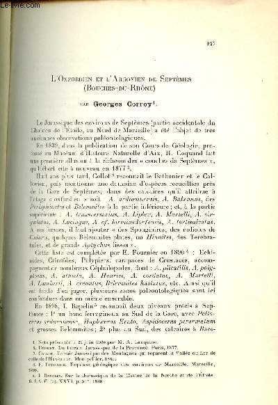 L'Oxfordien et l'Argovien de Septmes (Bouches du Rhne) - Extrait du bulletin de la socit gologique de France 5e srie t.vi anne 1936.
