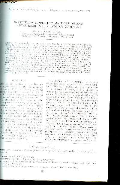 An occlusion model for mastication and dental wear in herbivorous mammals - Reprinted from Journal of Paleontology vol.47 n3 may 1973.