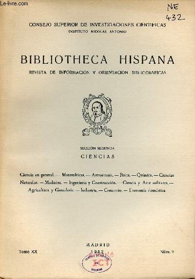Bibliotheca Hispana revista de informacion y orientacion bibliograficas Tomo XX n2 1962 - Seccion segunda ciencias.