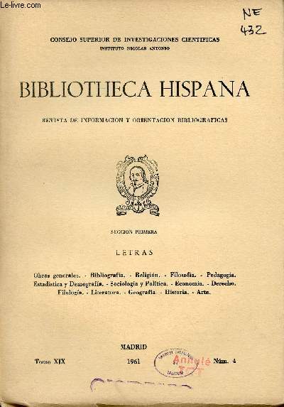 Bibliotheca Hispana revista de informacion y orientacion bibliograficas Tomo XIX n4 1961 - Ceccion primera letras.