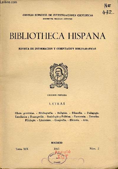 Bibliotheca Hispana revista de informacion y orientacion bibliograficas Tomo XIX n2 1961 - Ceccion primera letras.