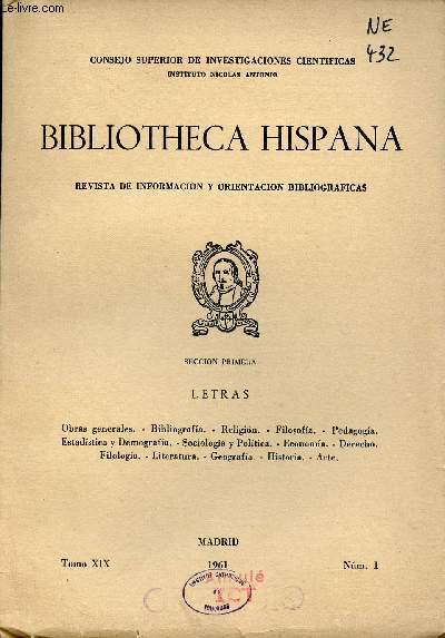 Bibliotheca Hispana revista de informacion y orientacion bibliograficas Tomo XIX n1 1961 - Ceccion primera letras.