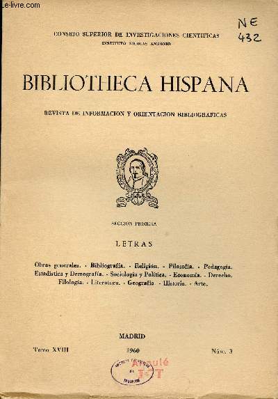 Bibliotheca Hispana revista de informacion y orientacion bibliograficas Tomo XVIII n3 1960 - Ceccion primera letras.