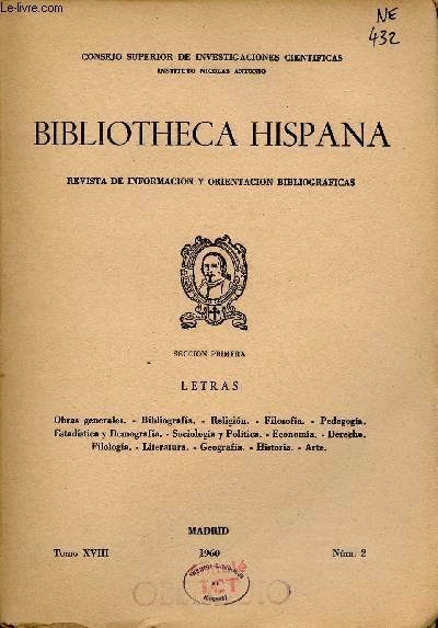 Bibliotheca Hispana revista de informacion y orientacion bibliograficas Tomo XVIII n2 1960 - Ceccion primera letras.