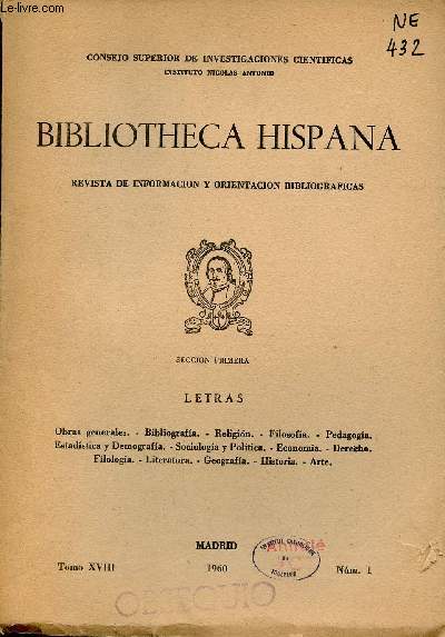 Bibliotheca Hispana revista de informacion y orientacion bibliograficas Tomo XVIII n1 1960 - Ceccion primera letras.