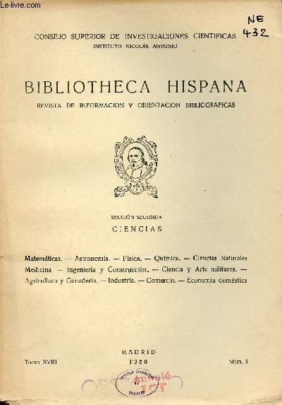 Bibliotheca Hispana revista de informacion y orientacion bibliograficas Tomo XVIII n3 1960 - Seccion segunda Ciencias.