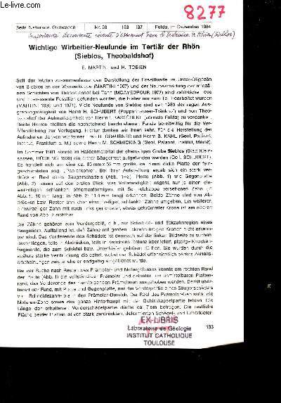 Wichtige Wirbeltier-Neufunde im Tertiar der Rhon (Sieblos Theobaldshog) - Extraits Beitr.Naturkde.Osthessen nr.20 133-137 fulda im Dezember 1984.