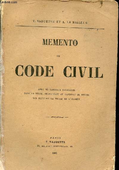 Memento de Code Civil avec 40 tableaux dissmins dans le texte permettant au candidat de revoir les matires la veille de l'examen.