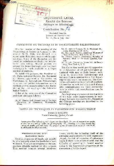 Notes on techniques in invertebrate paleontology - Extrait journal of paleontology vol.21 n4 july 1947.
