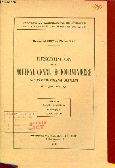 Description d'un nouveau genre de foraminifre simplorbitolina manasi - Extrait du bulletin scientifique de Bourgogne t.XIV 1952-1953.
