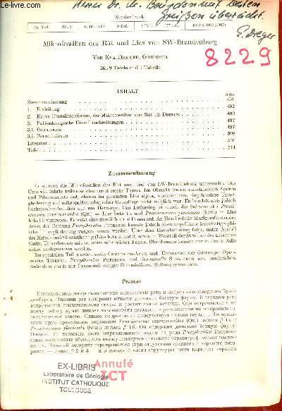 Mikrofossilien des Rt und Lias von SW.Brandenburg - Extrait Jb.Geol. bd.1 9 taf. 1 tab. 57 lit. Berlin 1965 (1967) + envoi de l'auteur.