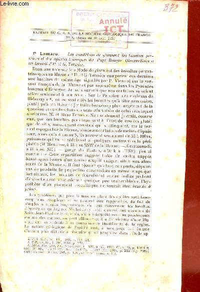 Les conditions de gisement des basaltes permiens et des ophites triasiques du Pays Basque observations  un travail d'H.et G.Termier - Extrait du C.R.S de la socit gologique de France n8 sance du 24 avril 1950.