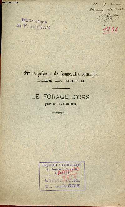 Sur la prsence de Sonneratia perampla dans la meule - Extrait des annales de la socit gologique du Nord tome XXVIII sance du 26 juillet 1899 + envoi de l'auteur.