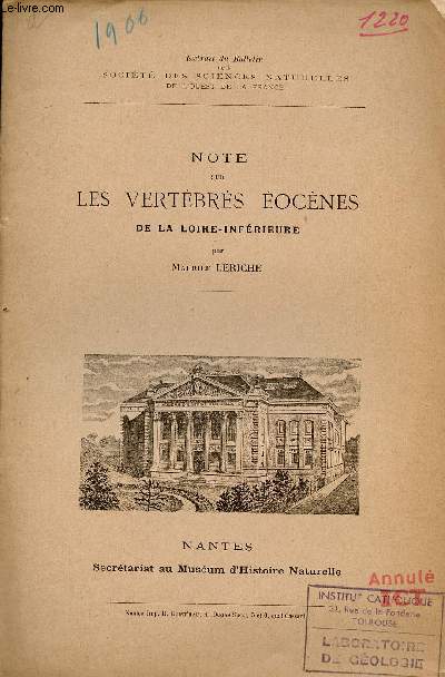 Note sur les vertbrs ocnes de la Loire-Infrieure - Extrait du bulletin de la socit des sciences naturelles de l'ouest de la France.