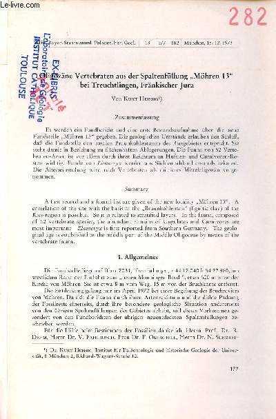 Oligozne Vertebraten aus der Spaltenfllung Mhren 13 bei Treuchtlingen Frnkischer Jura - Extrait Mitt.Bayer.Staatssamml.Palaont.hist.geol. 13 177-182 Mnchen 15-12-1973.