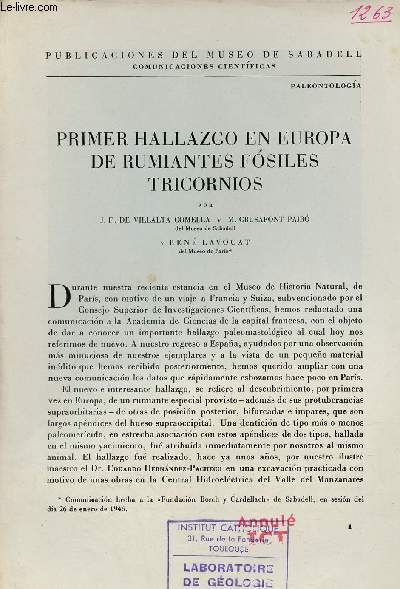 Primer hallazgo en Europa de rumiantes fosiles tricornios - Extrait publicaciones dle museo de sabadell comunicaciones cientificas paleontologia.