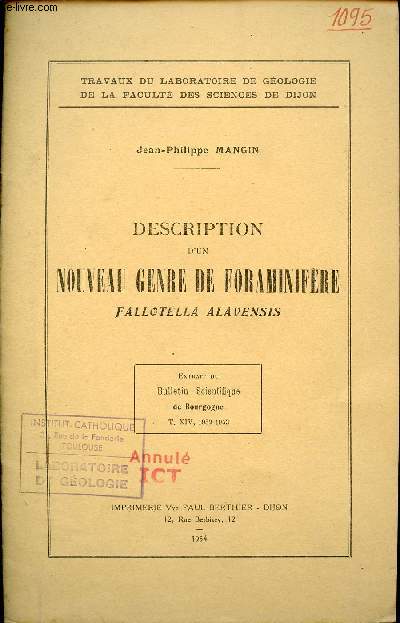 Description d'un nouveau genre de foraminifre fallotella alavensis - Extrait du Bulletin Scientifique de Bourgogne t.XIV 1952-1953.