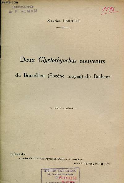 Deux Glyptorhynchus nouveaux du Bruxellien (Eocne moyen) du Brabant - Extrait des annales de la socit royale zoologique de Belgique tome LVI 1925.