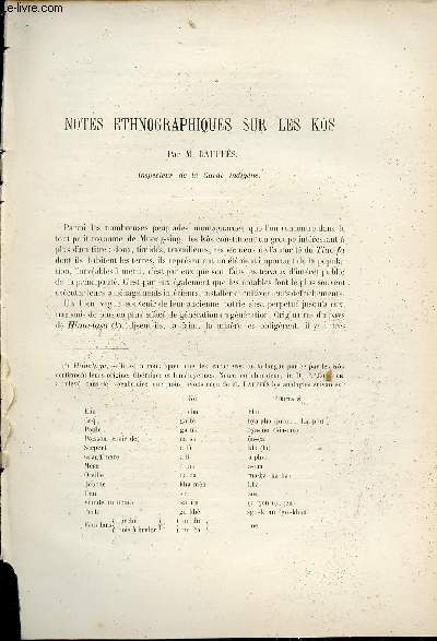 Notes ethnographiques sur les Kos - Extrait du Bulletin de l'Ecole Franaise d'Extrme-Orient 1906.