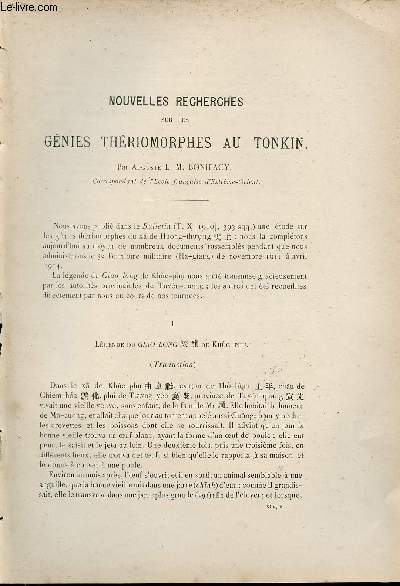 Nouvelles recherches sur les gnies thriomorphes au Tonkin - Extrait du Bulletin de l'Ecole Franaise d'Extrme-Orient 1914.