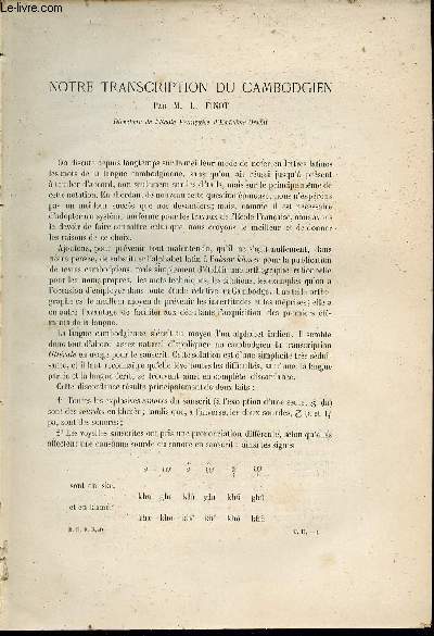 Notre transcription du cambodgien - Extrait du Bulletin de l'Ecole Franaise d'Extrme-Orient 1902.