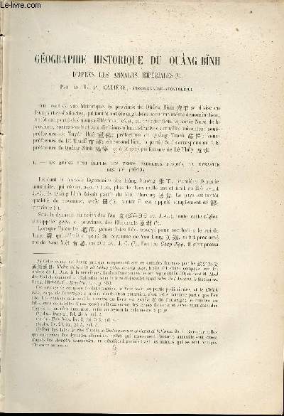 Gographie historique du Quang Binh d'aprs les annales impriales - bibliographie - notes et mlanges - chronique - Extrait du Bulletin de l'Ecole Franaise d'Extrme-Orient 1902.