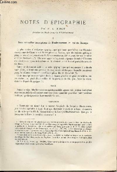 Notes d'pigraphie : Deux nouvelles inscriptions de Bhadravarman 1er roi de Champa - Extrait du Bulletin de l'Ecole Franaise d'Extrme-Orient 1902.