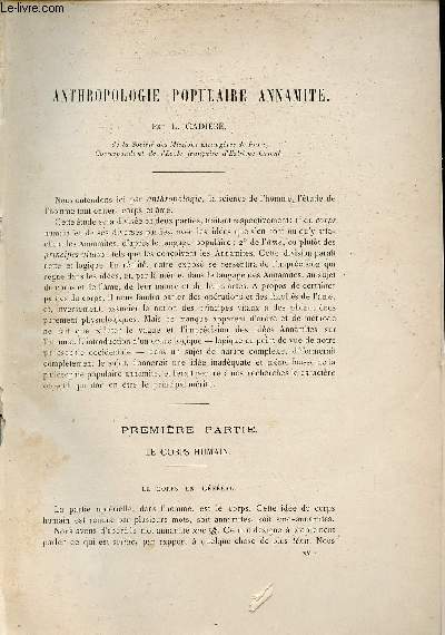Anthropologie populaire annamite - Extrait du Bulletin de l'Ecole Franaise d'Extrme-Orient 1915.
