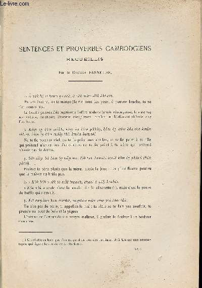Sentences et proverbes cambodgiens - bibliographie - Extrait du Bulletin de l'Ecole Franaise d'Extrme-Orient 1915.