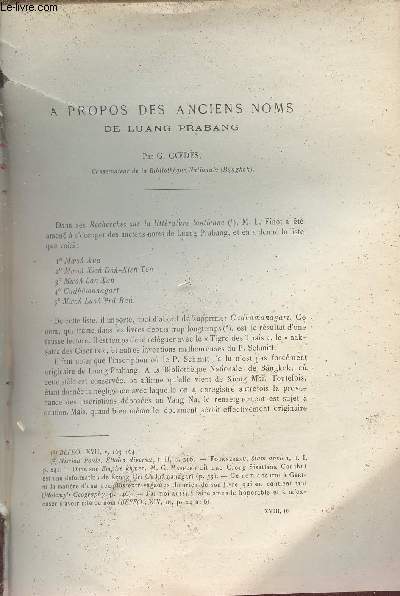 A propos des anciens noms de Luang Prabang - Extrait du Bulletin de l'Ecole Franaise d'Extrme-Orient 1918.