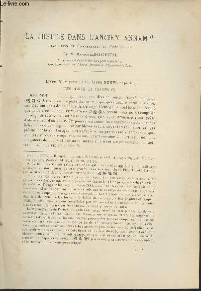 La Justice dans l'ancien annam - Livres IV 2e partie des rixes et coups - Extrait du Bulletin de l'Ecole Franaise d'Extrme-Orient 1912.