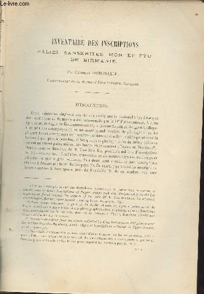 Inventaire des inscriptions plies, sanskrites, Mn et Pyu de Birmanie - Bibliographie - Chronique - Documents administratifs - Extrait du Bulletin de l'Ecole Franaise d'Extrme-Orient 1912.