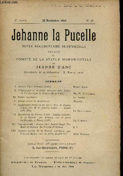 Jehanne la Pucelle n22 1re anne 25 novembre 1910 - Jeanne d'Arc vrivain (suite) - l'piscopat et la statue monumentale lettre de l'archeveque de Boston Etats Unis - tables lapidaires - Jeanne d'Arc en Angleterre etc.