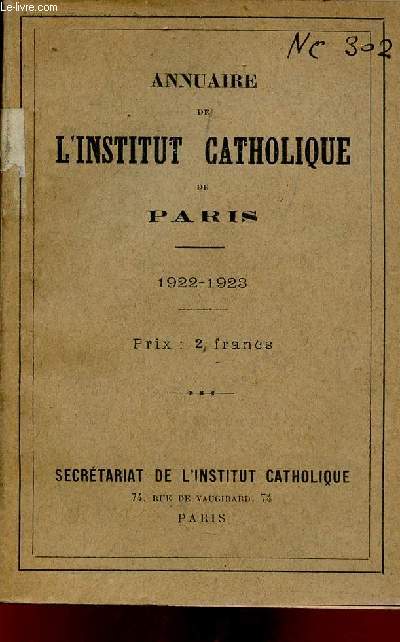 Annuaire de l'Institut Catholique de Paris 1922-1923.