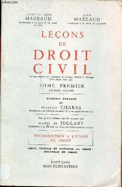 Leçons de droit civil - Tome premier premier volume - Sixième édition - Introduction à l'étude du droit.