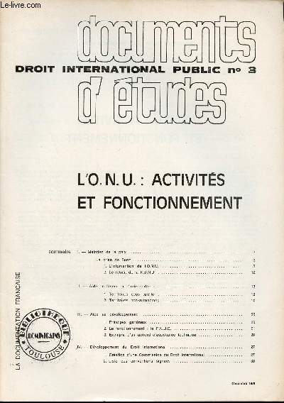Documents d'tudes droit international public n3 dcembre 1970 - L'Onu actvits et fonctionnement.