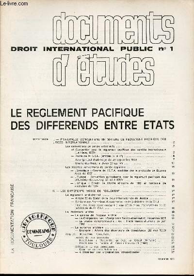 Documents d'tudes droit international public n1 novembre 1970 - Le reglement pacifique des differends entre tats.