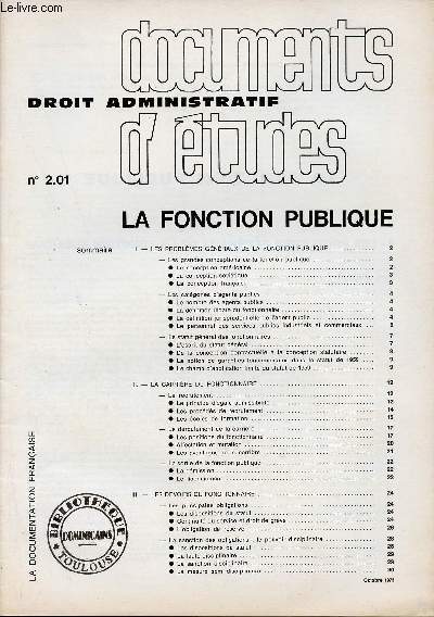 Documents d'tudes droit administratif n2.01 octobre 1973 - La fonction publique.