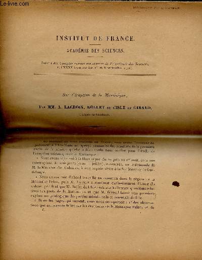 Sur l'ruption de la Martinique - Extrait des comptes rendus des sances de l'acadmie des sciences t.CXXXV sances des 1er et 8 sept.1902.