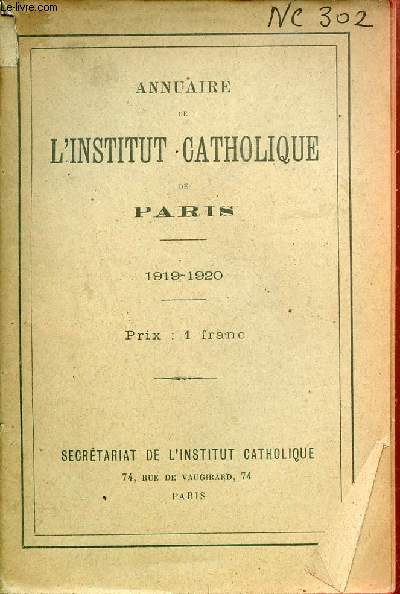 Annuaire de l'Institut Catholique de Paris 1919-1920.